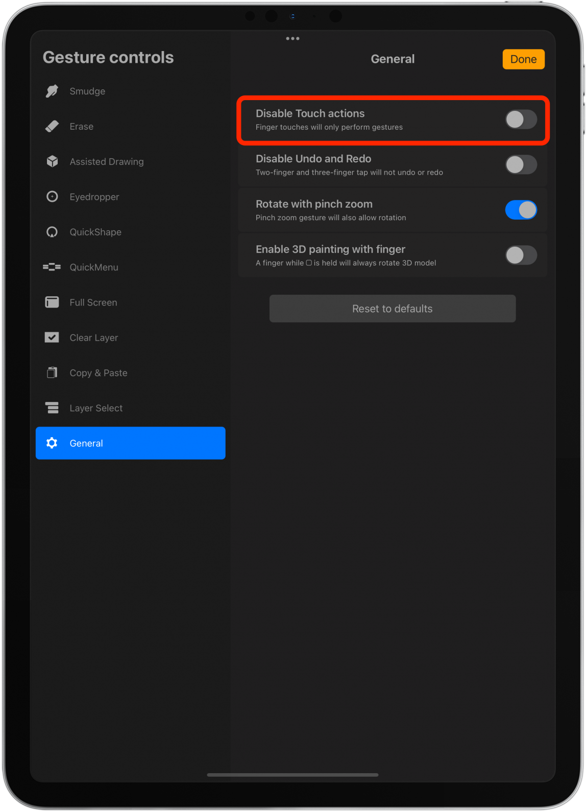 Toggle on Disable Touch actions.