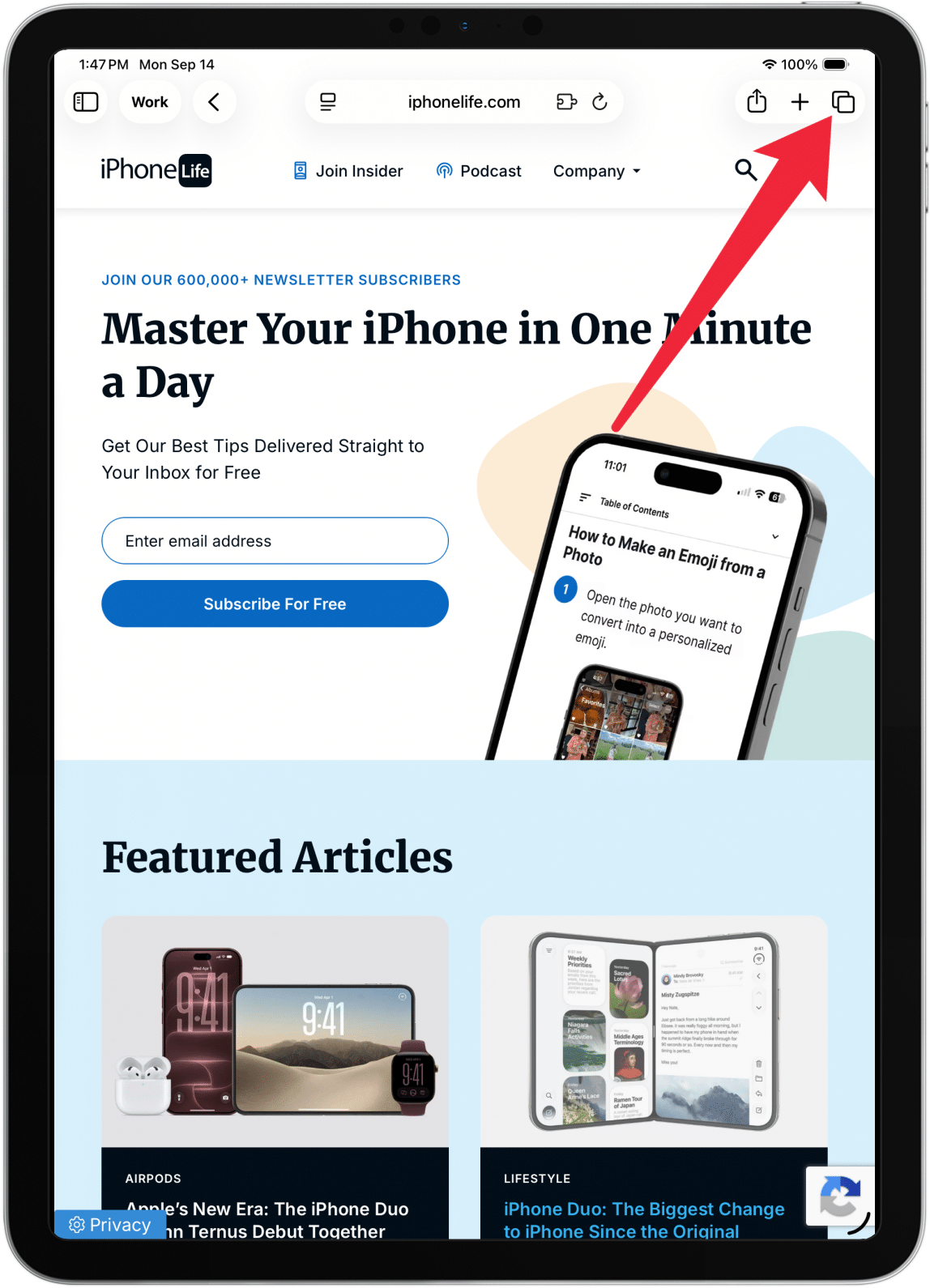 Tap the tabs button in the to right corner.