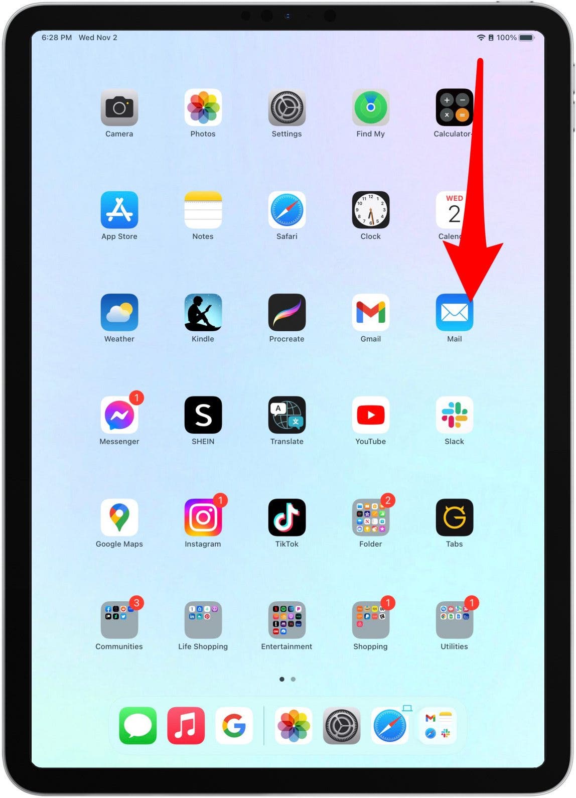 From the home screen of your iPad, swipe down from the top left to access the Control Panel.