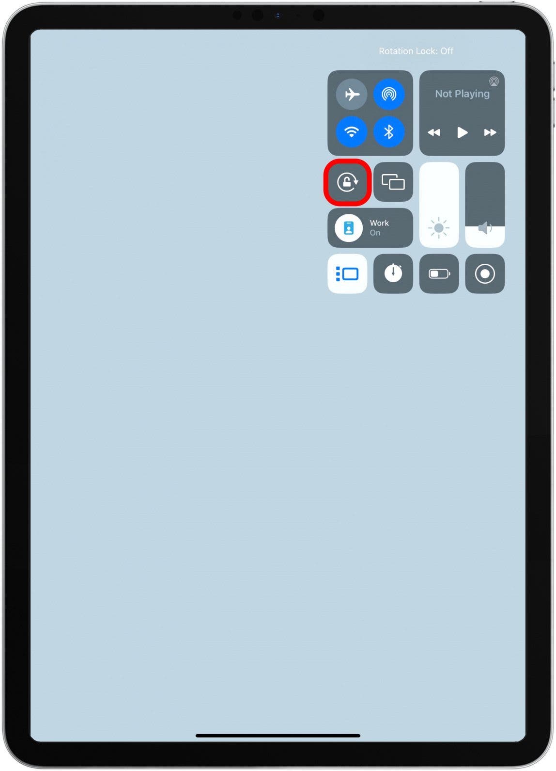 The Portrait Orientation Lock is the button with the round arrow with the lock inside. It will be gray when disabled. This means your iPad will automatically rotate based on the way you are holding it.