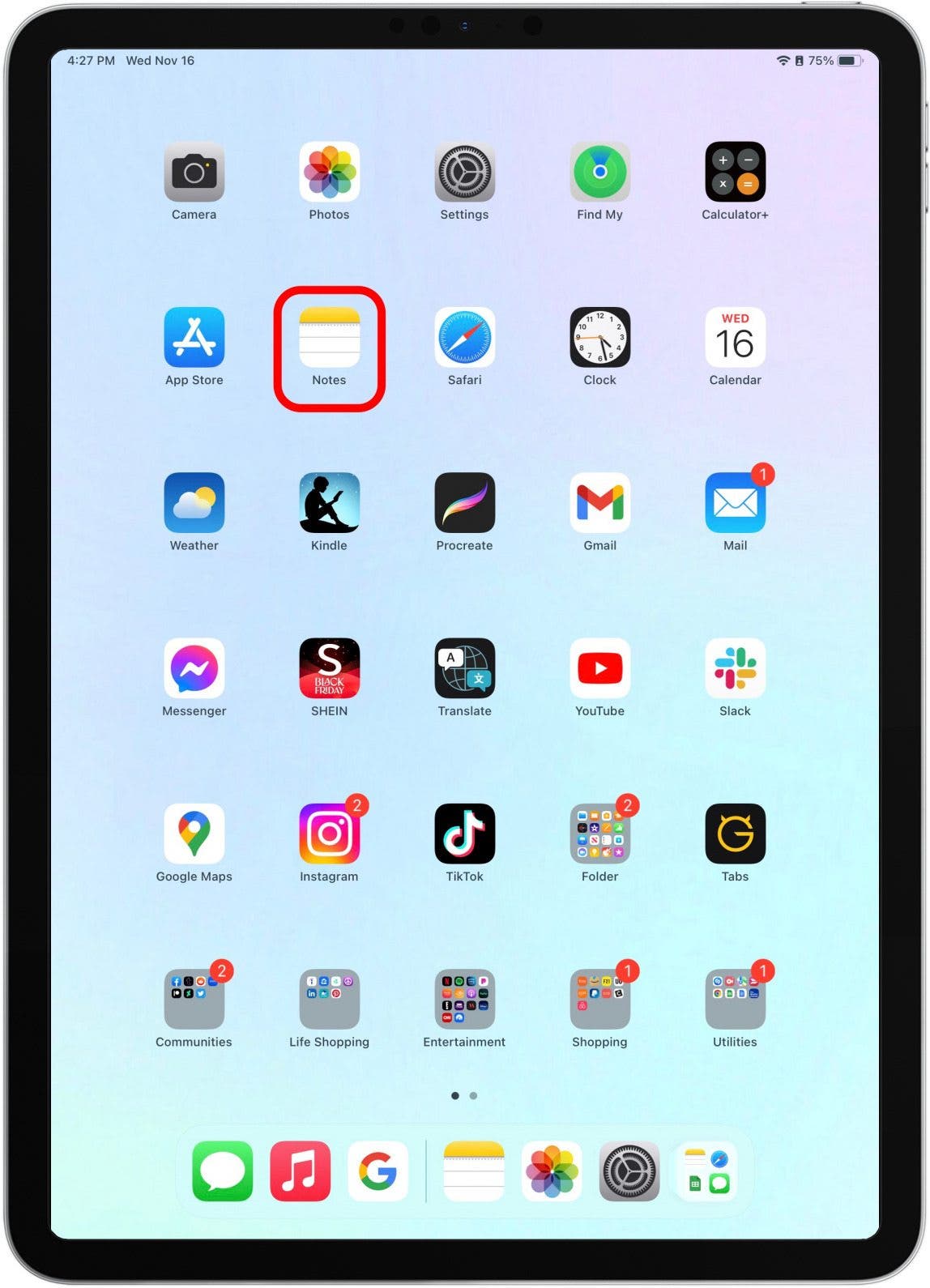 From your iPad's home screen, open the native Apple app that you want to open a second window of. 