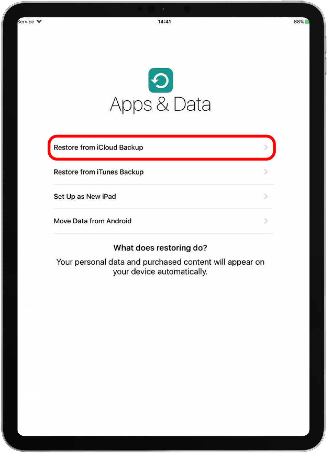Tap Restore from iCloud Backup on the Apps & Data screen.