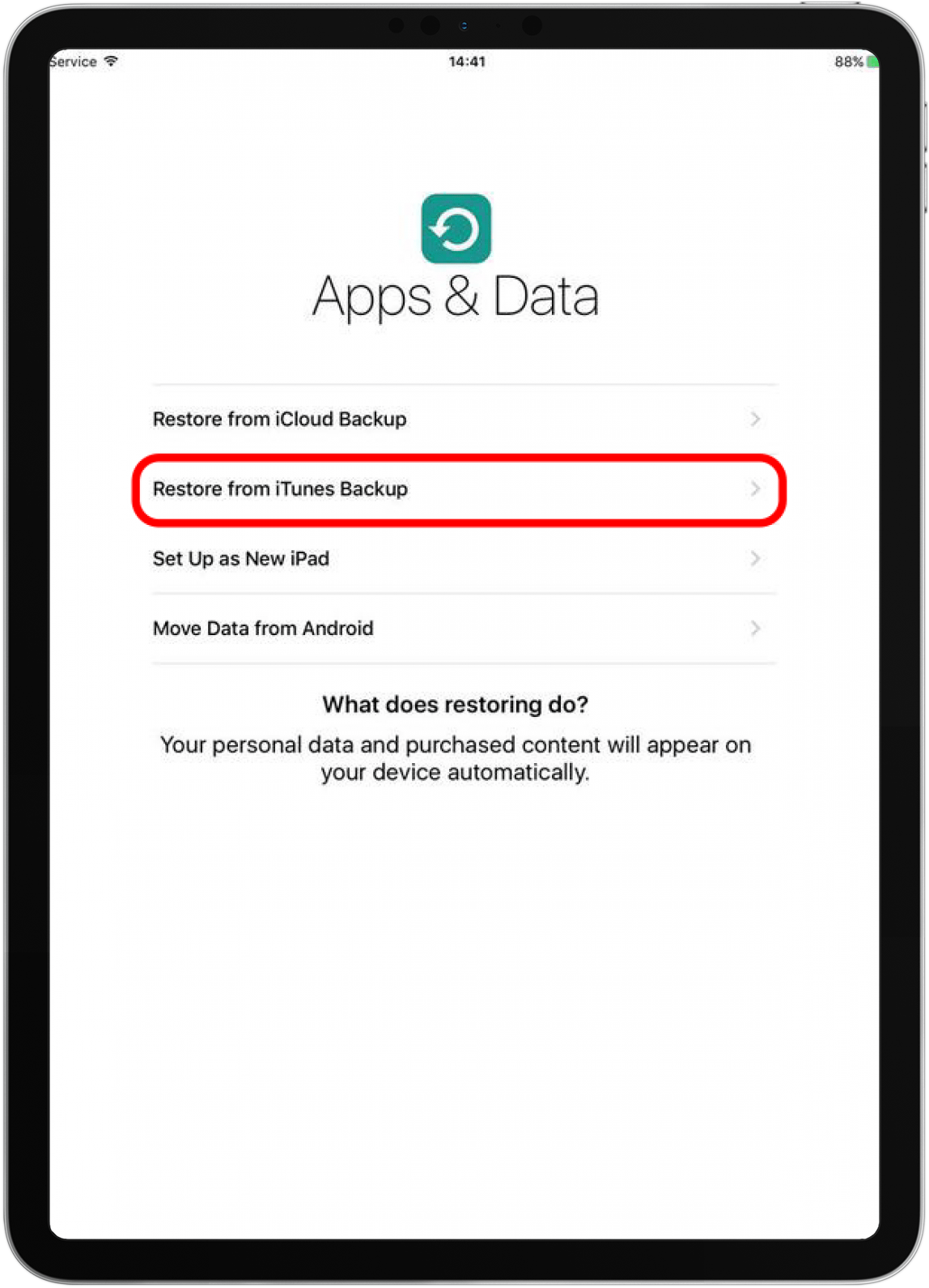 Begin by tapping Restore from iTunes Backup on the Apps & Data screen. 