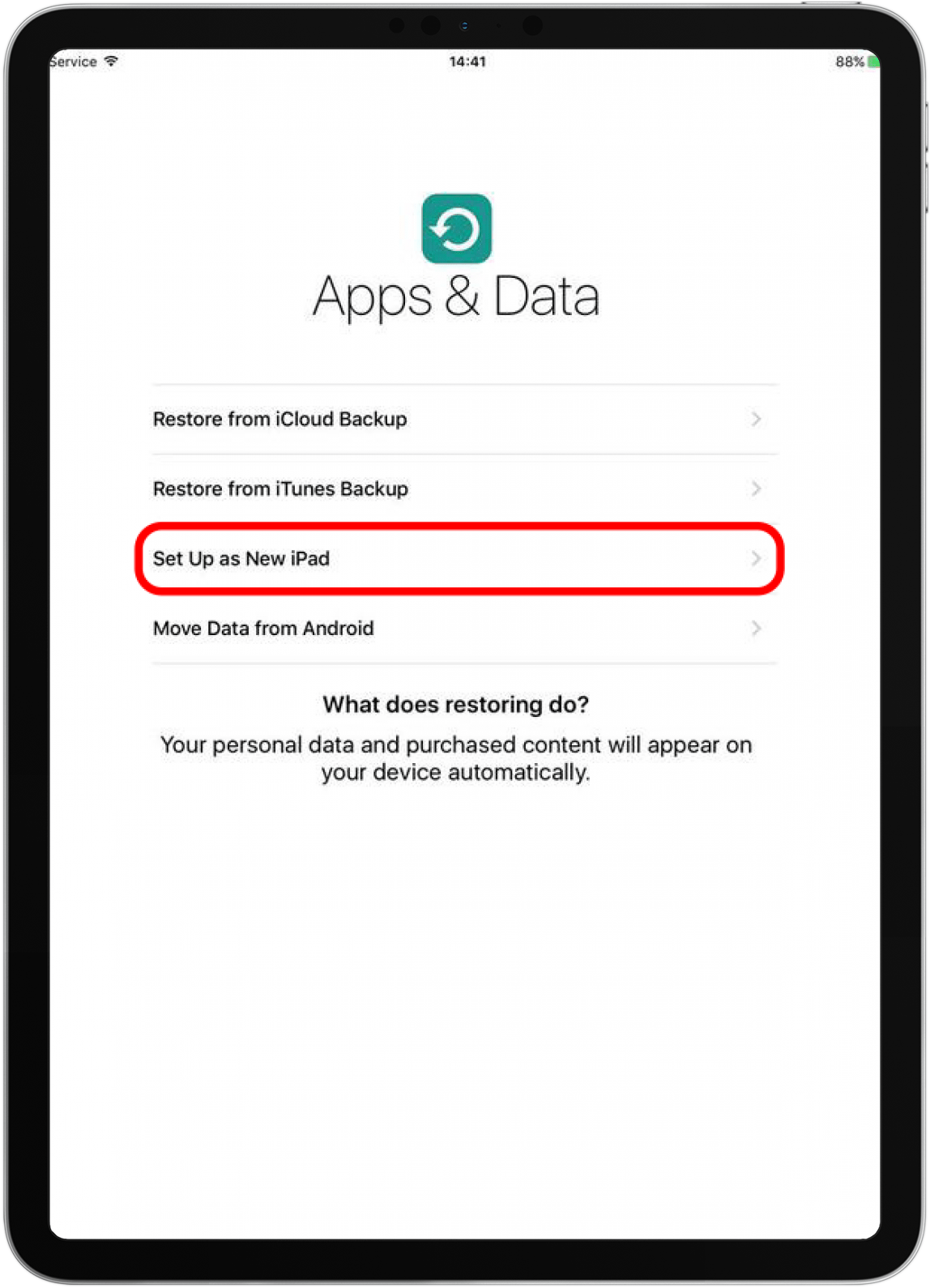 Next, you'll be given the option to move and restore data from a backup or to set up your device as a new iPad without transferring data. If you don't have any data to transfer from an older iPad or non-Apple tablet, tap on Set Up as New iPad.