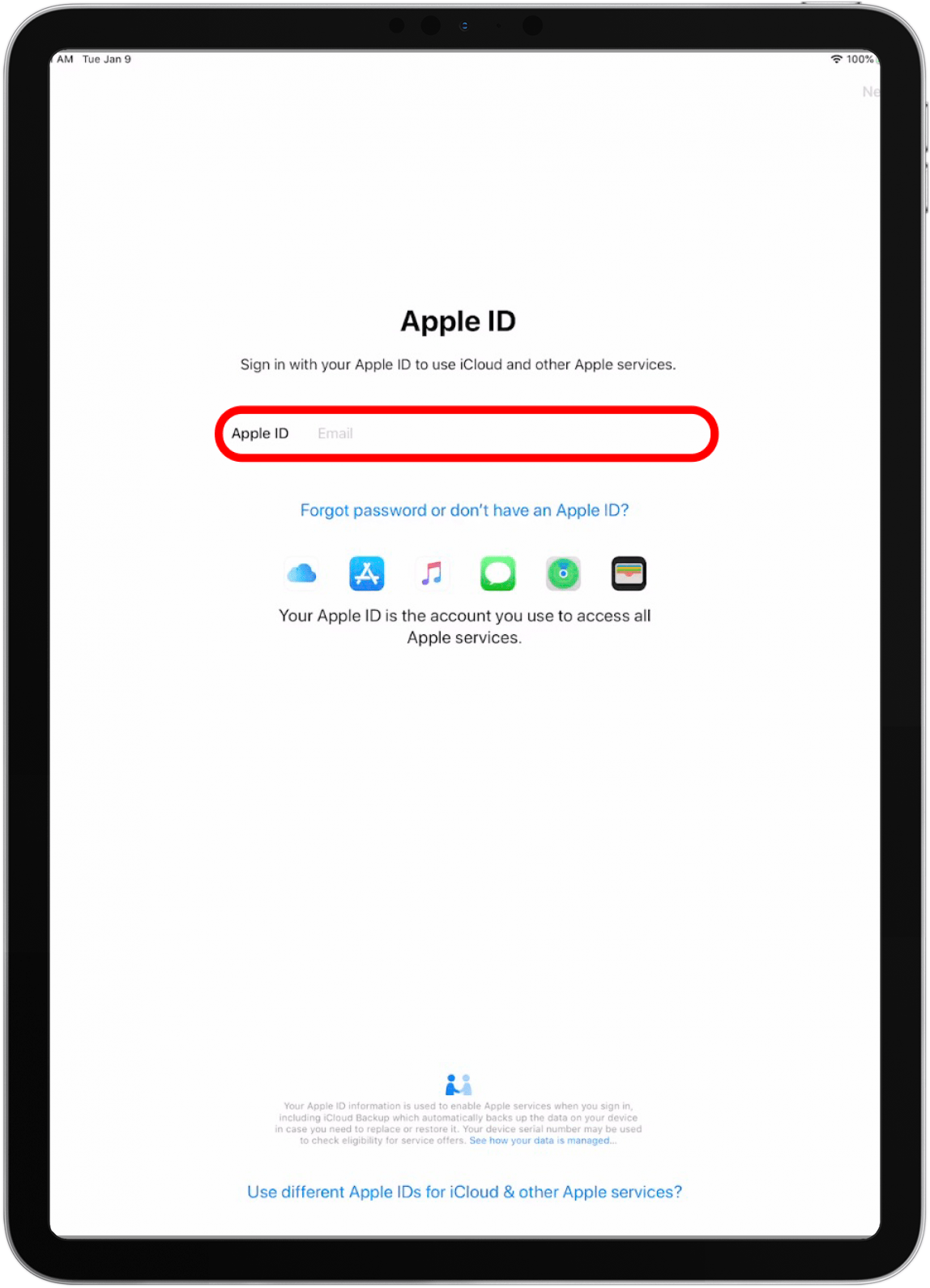 Now, sign in with your Apple ID and password. If you can't remember your password or don't have an Apple ID yet, tap Forgot password or don't have an Apple ID? 