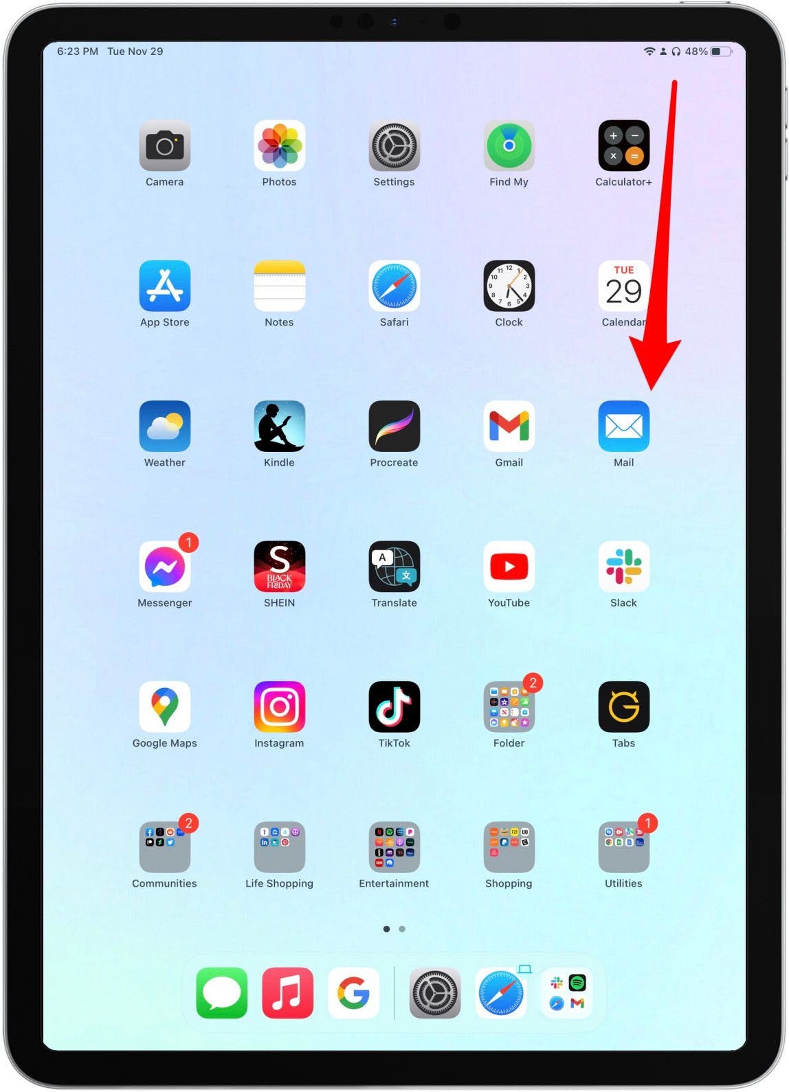 From your iPad's home screen, swipe down from the top right corner to access Control Center.