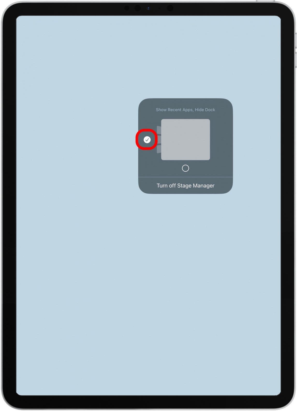 Check or uncheck the circle on the left to show or hide the Recent Apps side bar. When checked, it will be displayed while you work in Stage Manager.