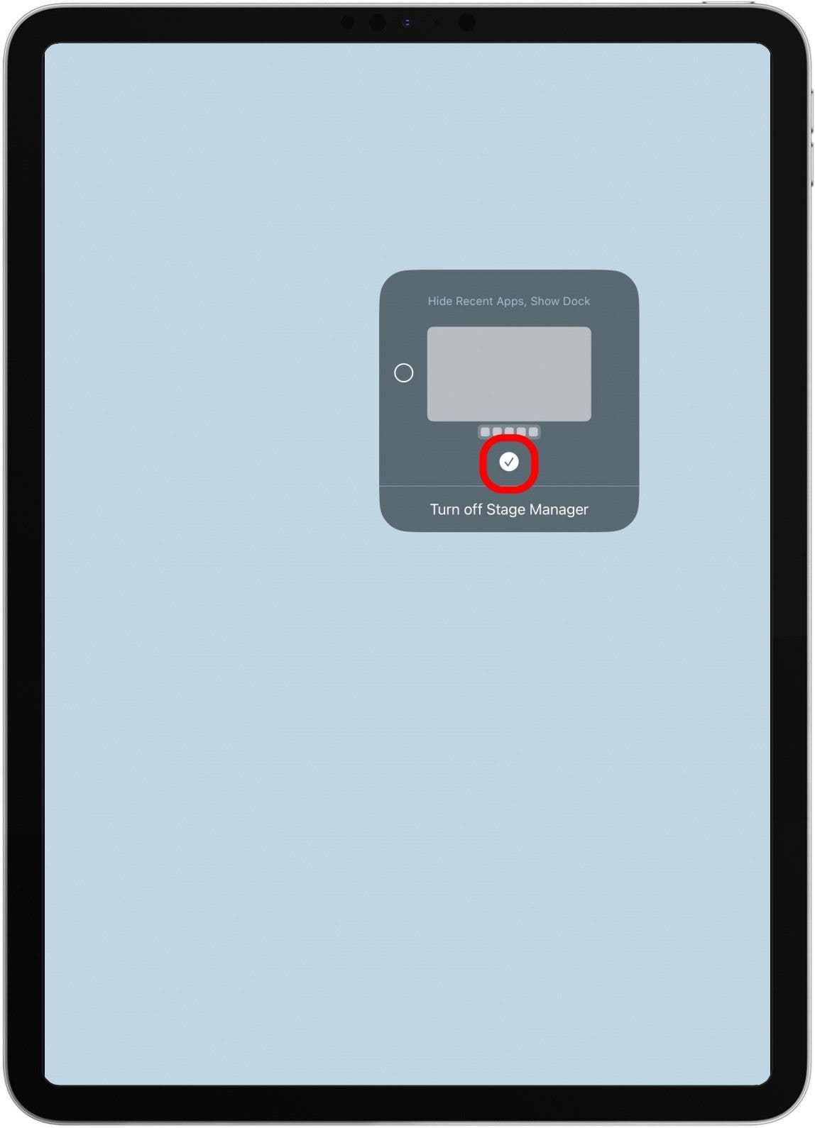 Check or uncheck the circle on the bottom to show or hide the Dock. When checked, it will be displayed while you work in Stage Manager.