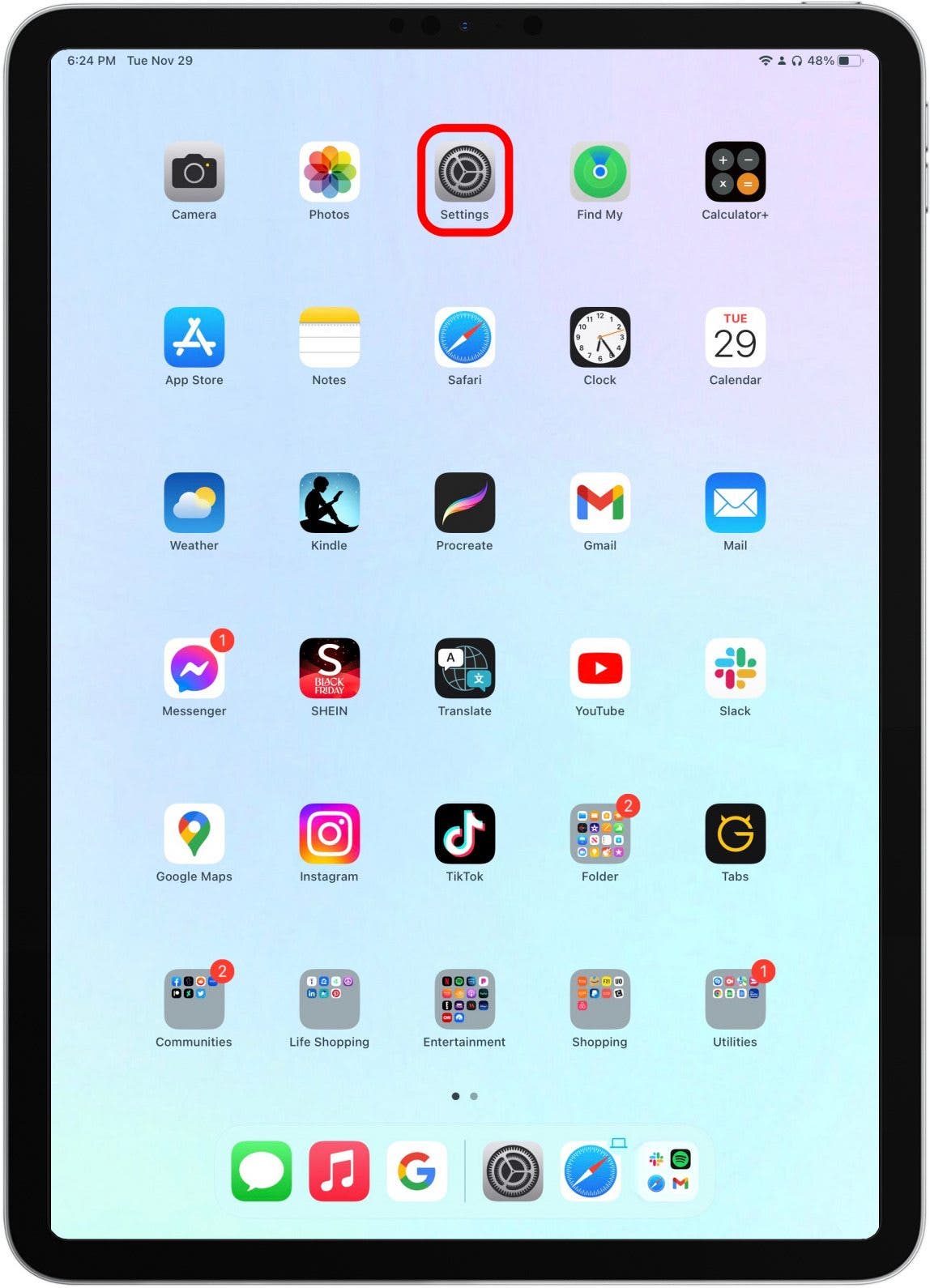 From your iPad's home screen, tap Settings.