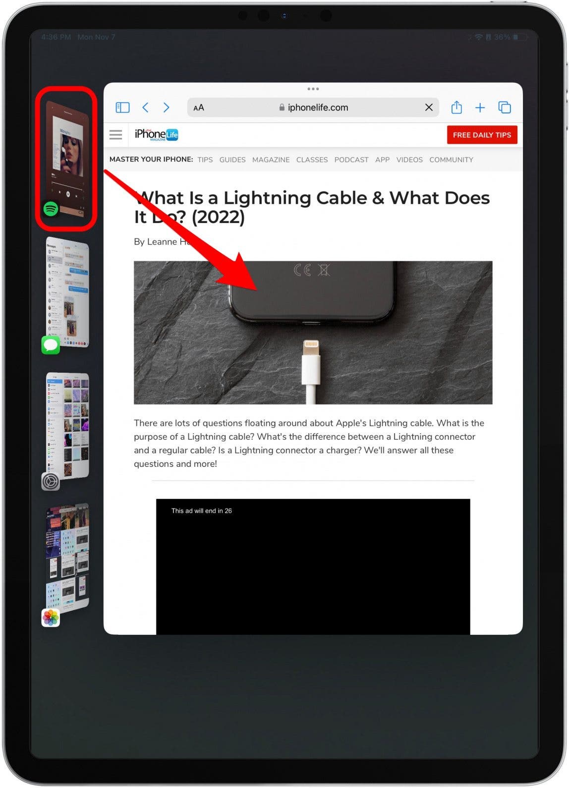 From the open apps, tap and drag a window to the main screen.