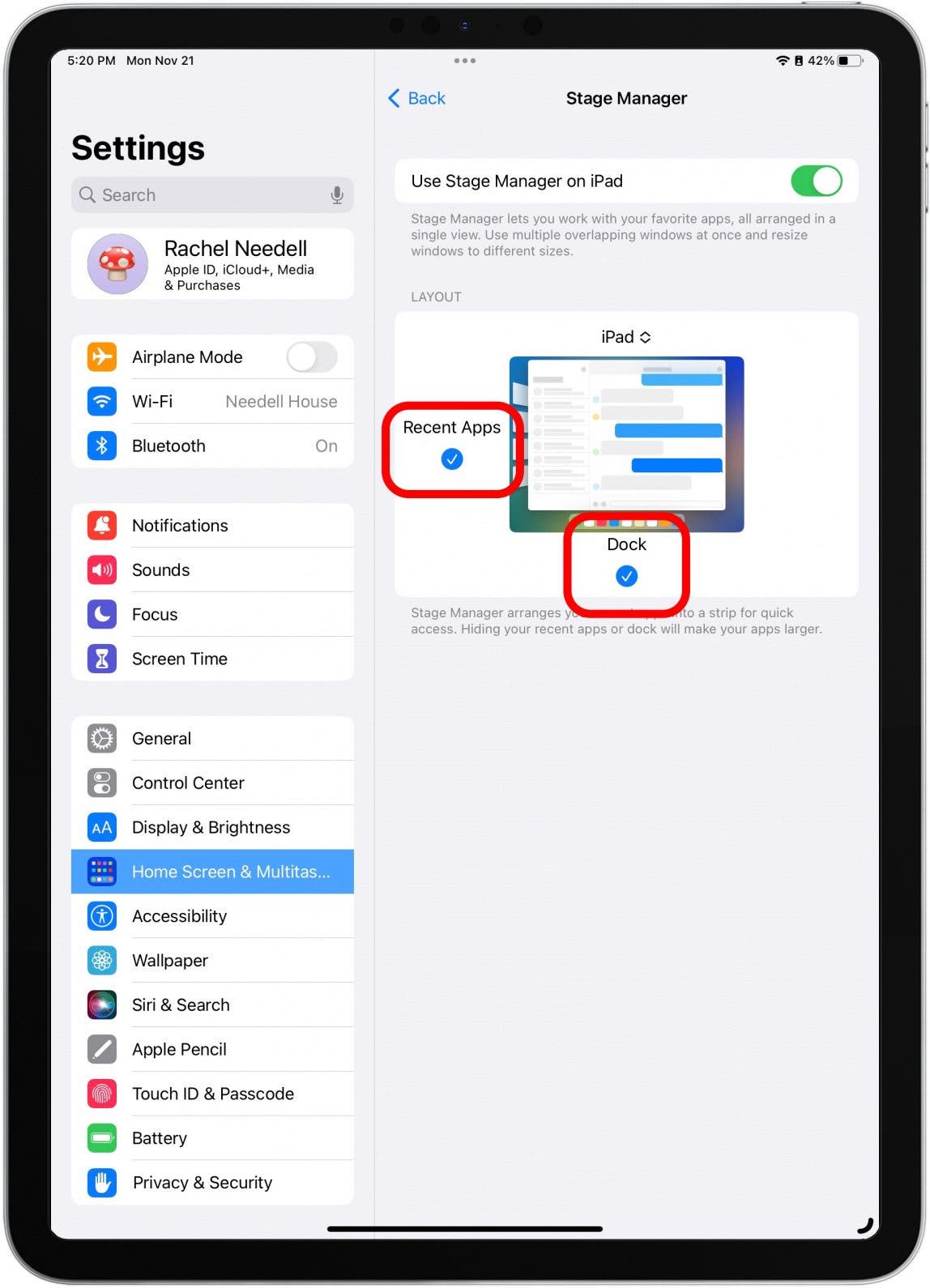 You can also change Stage Manager's settings. Select whether you'd like to see Dock and a sidebar of your open apps while in Stage Manager.