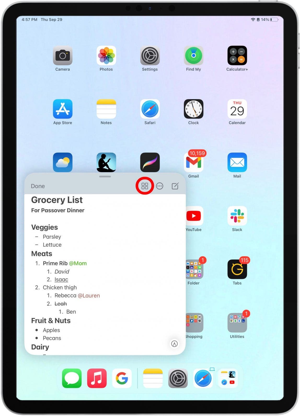 Нажмите на значок сетки, чтобы просмотреть заметки в приложении «Заметки».