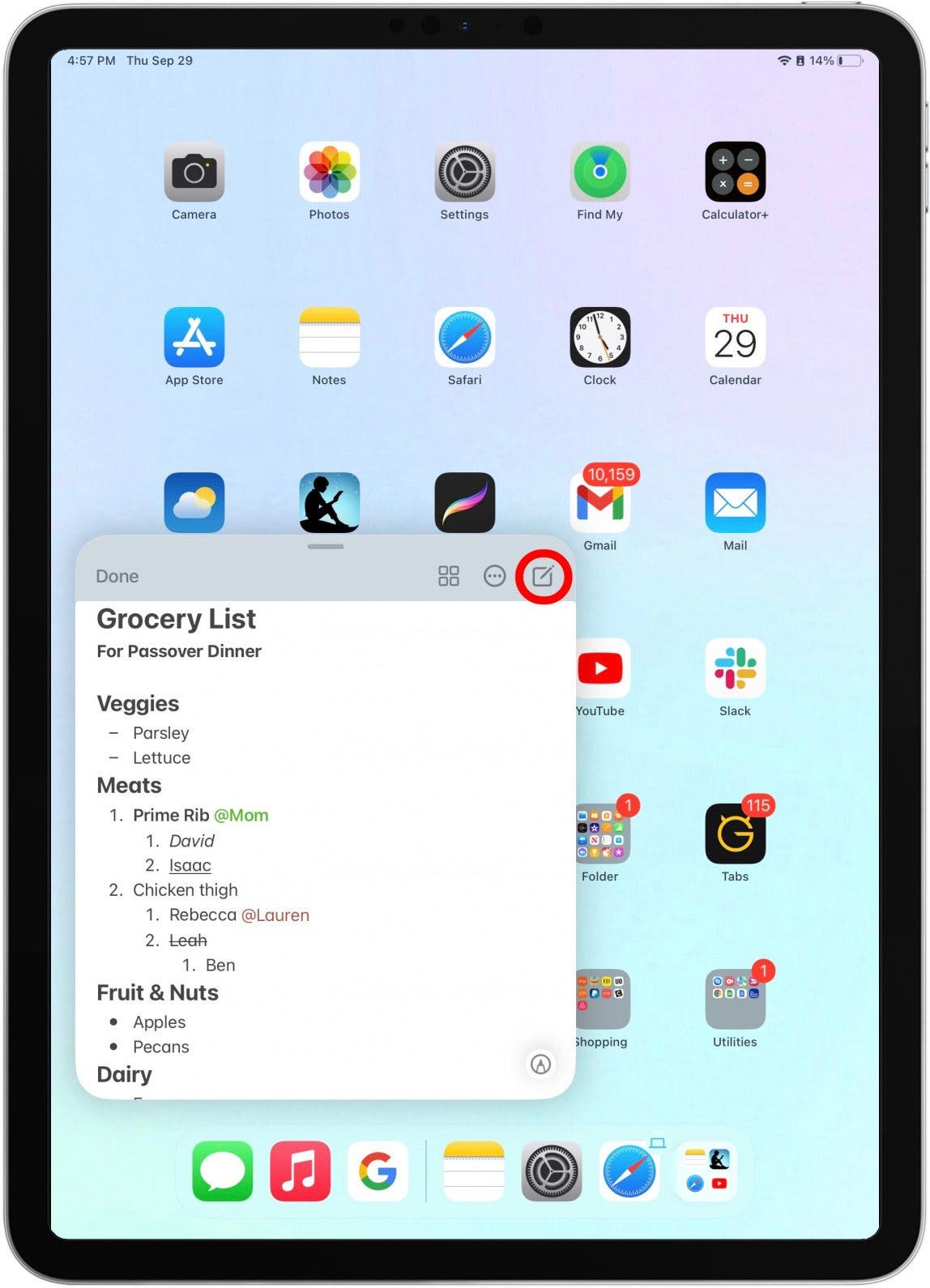 Нажмите значок «Создать», чтобы создать новую быструю заметку.