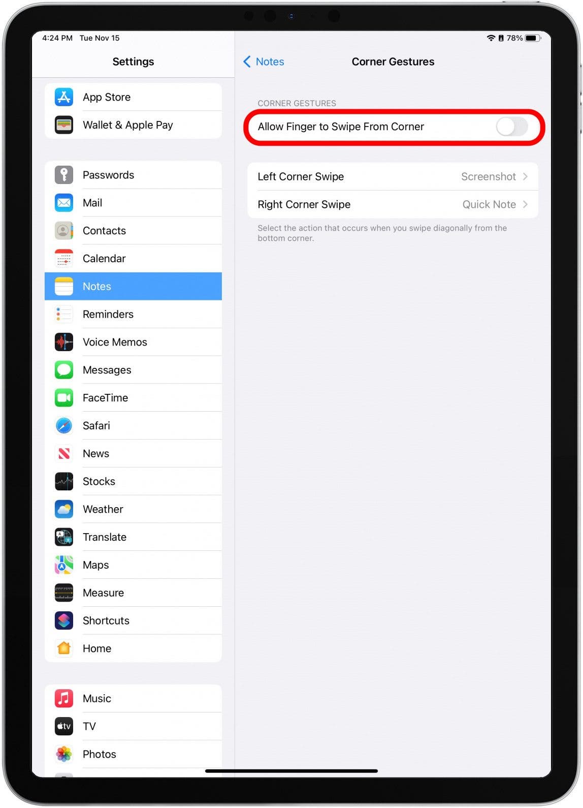 Выключите функцию «Разрешить проведение пальцем от угла». При отключении она будет серой.