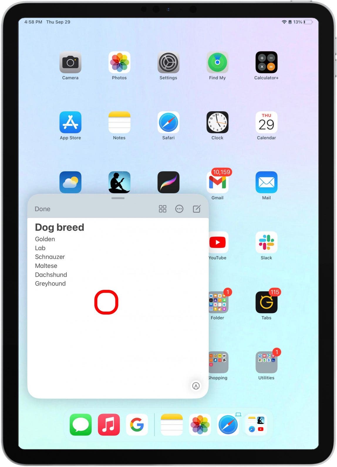 Коснитесь любого места в окне Quick Note, чтобы начать печатать, или просто начните писать с помощью Apple Pencil или стороннего стилуса.