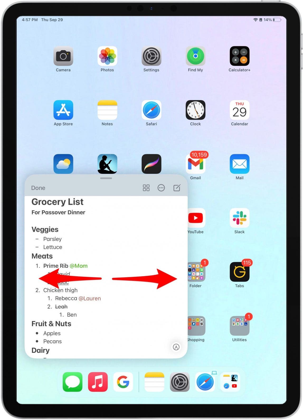 Swipe from left to right to scroll through your Quick Notes.