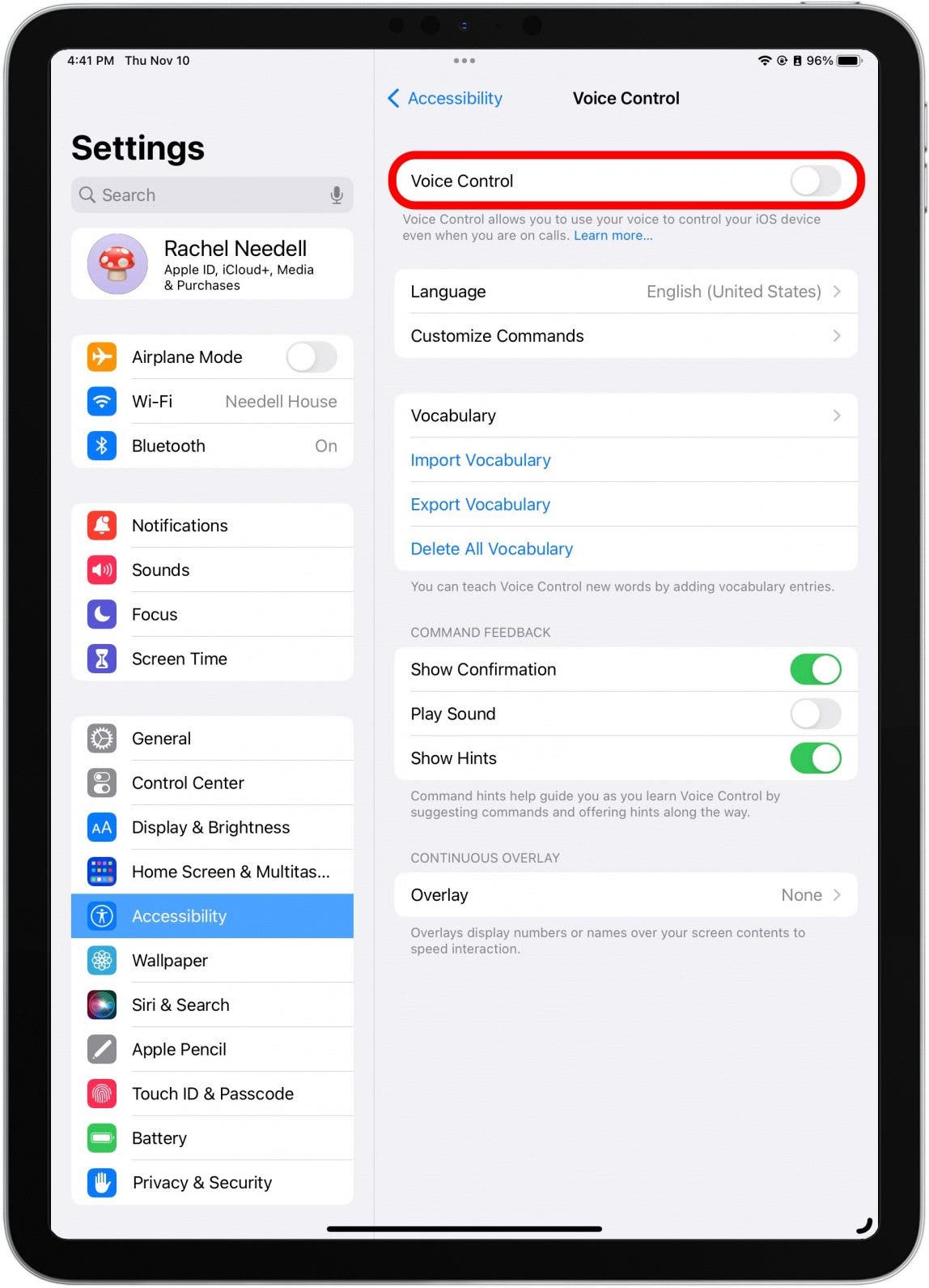 Toggle Voice Control to off or on. It will be gray when disabled and green when enabled.
