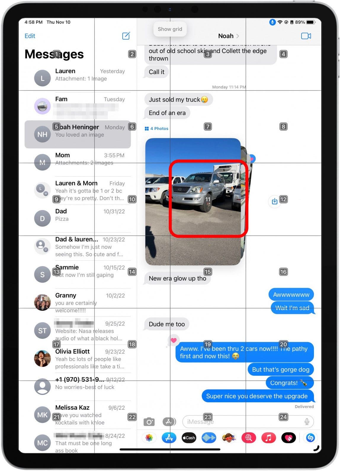 To work within an app, you can use what's called the grid. To access the grid say, "Show grid".