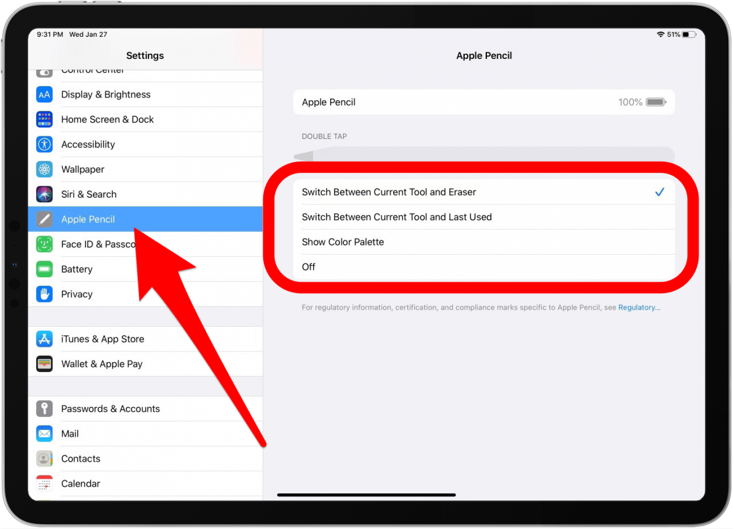 Apple Pencil Double Tap options