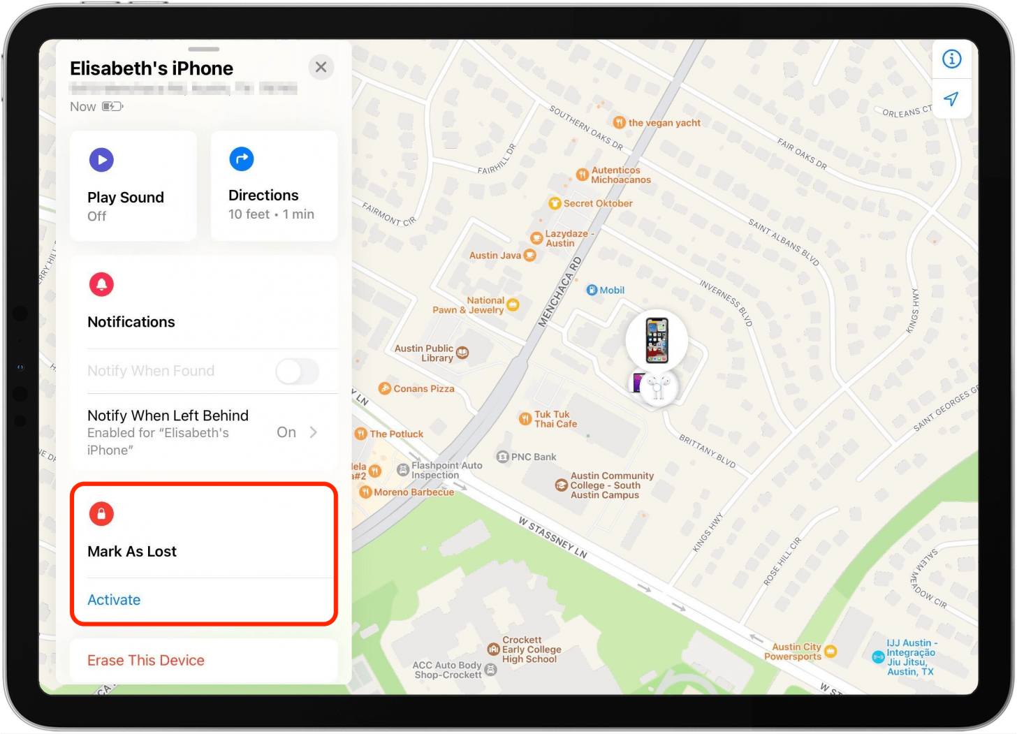 Tap Mark as Lost to lock your device screen.