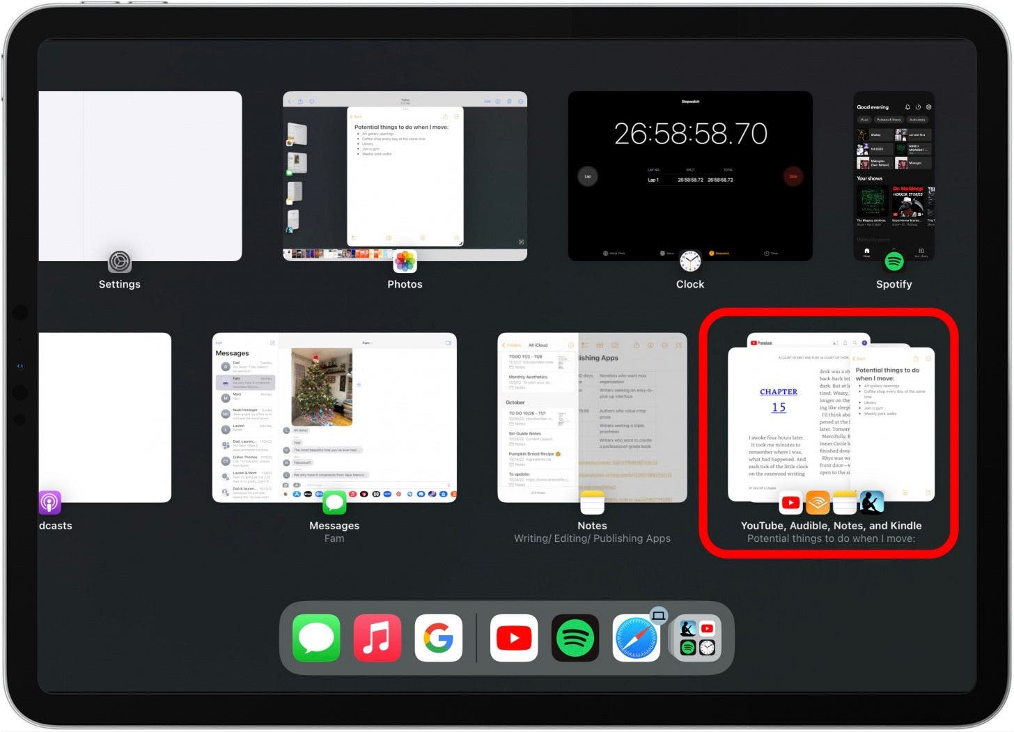 If you swipe up slowly half-way to access all recent apps, the apps you've grouped will stay together as long as you have Stage Manager enabled.