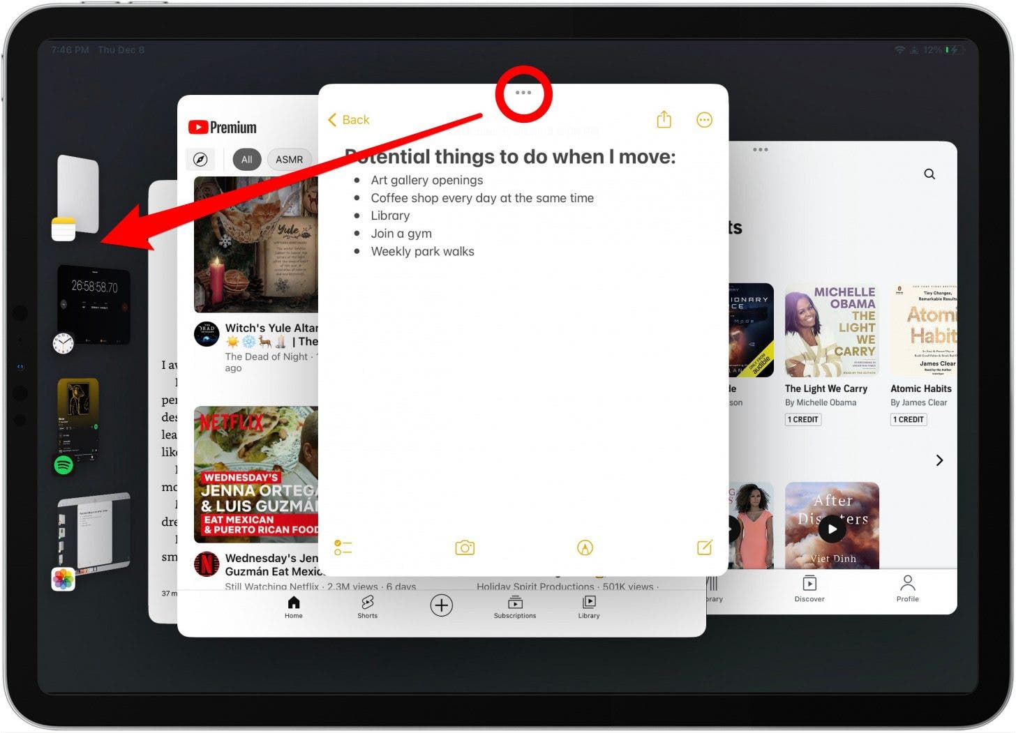 To remove apps from the app group, tap and drag the app from the three dots at the top center of each app window back to the side bar. 