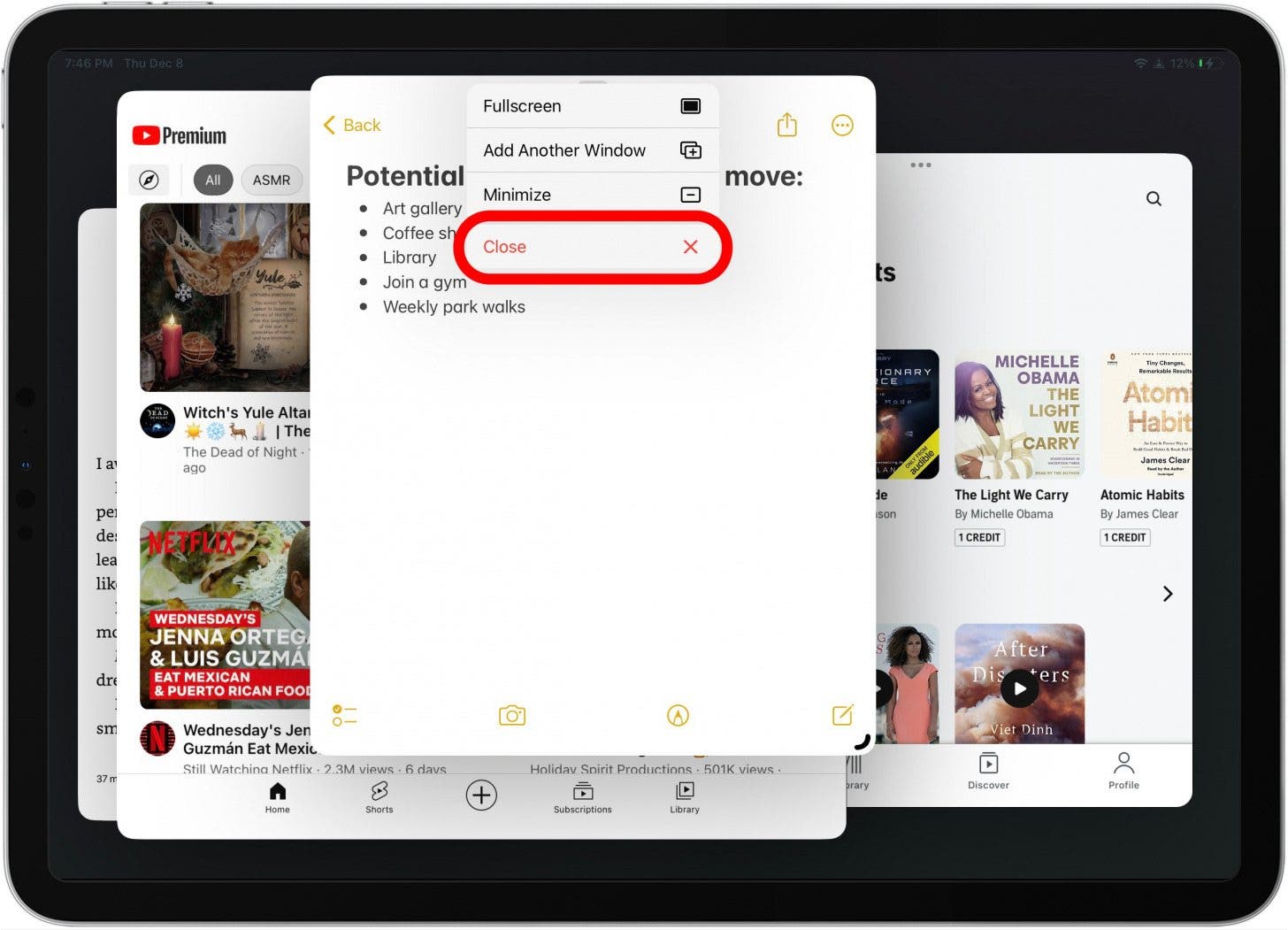 To close an app within the app group, tap the three dots at the top center and tap Close.