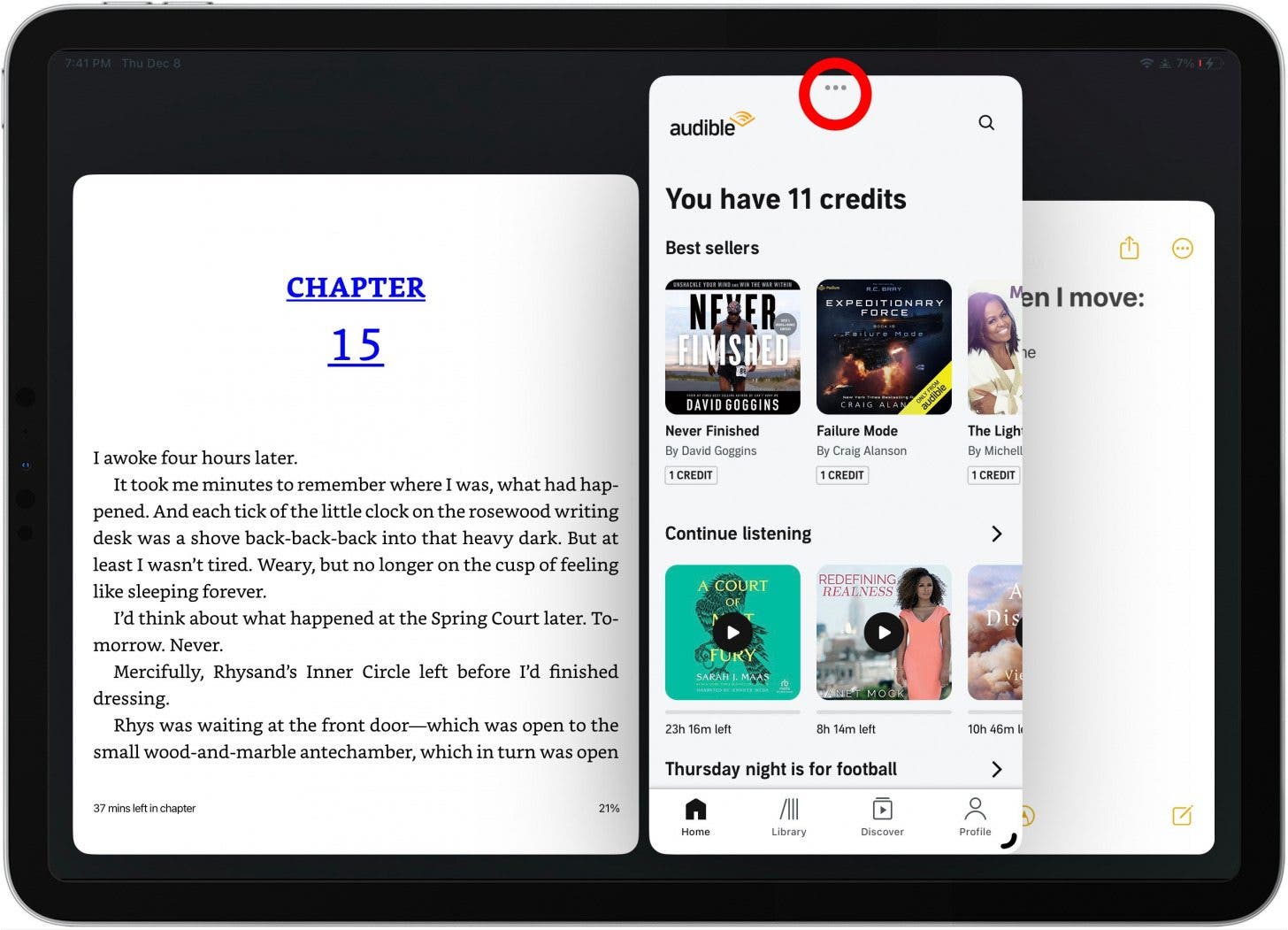 To add an app to the app group that's not in the side bar, tap the three dots at the top center of any app window.