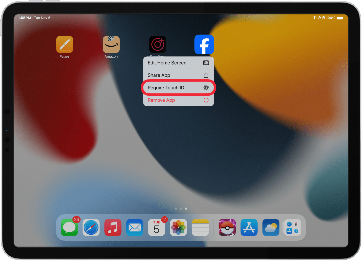 ipad home screen displaying context menu on facebook app