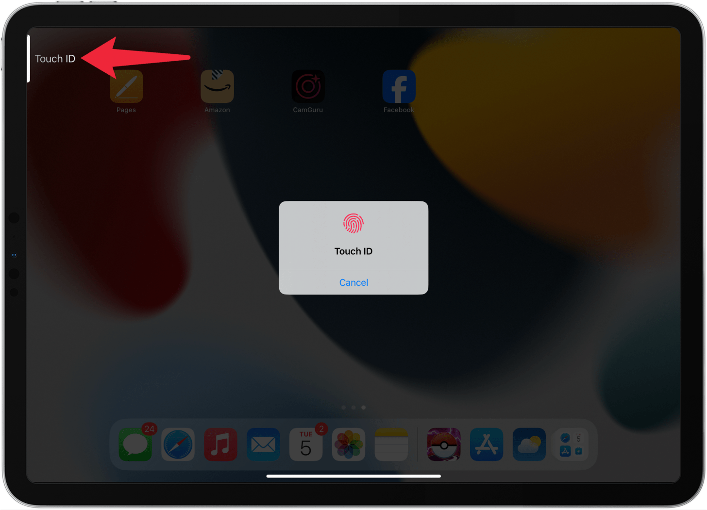 ipad home screen with a pop up in the middle of the screen prompting the user to place their finger on the touch id sensor