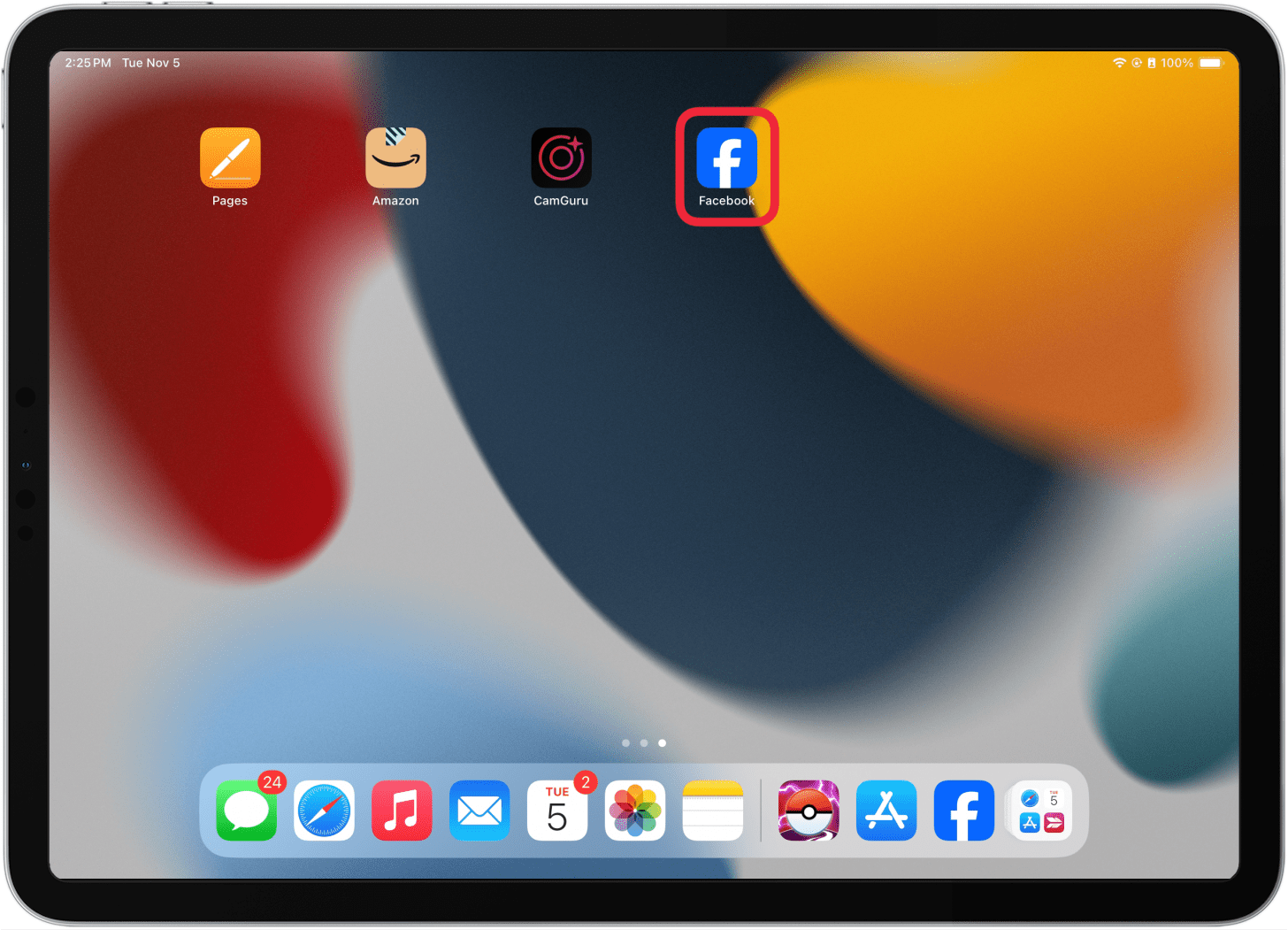 ipad home screen with a red box around facebook