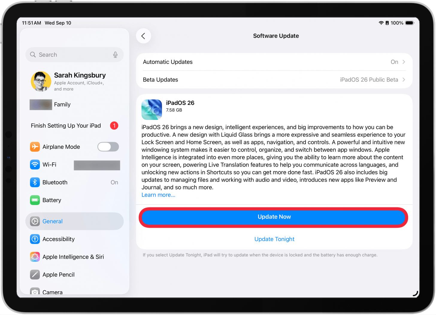 a screenshot of the settings app on ipad displaying ipados 26 update details