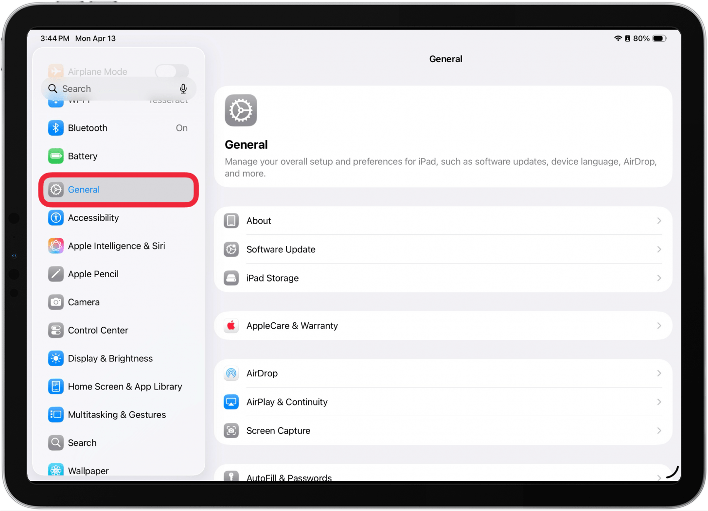 a screenshot of the settings app on ipad with a red box around general