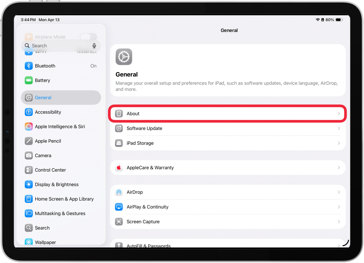 a screenshot of general settings on ipad with a red box around about