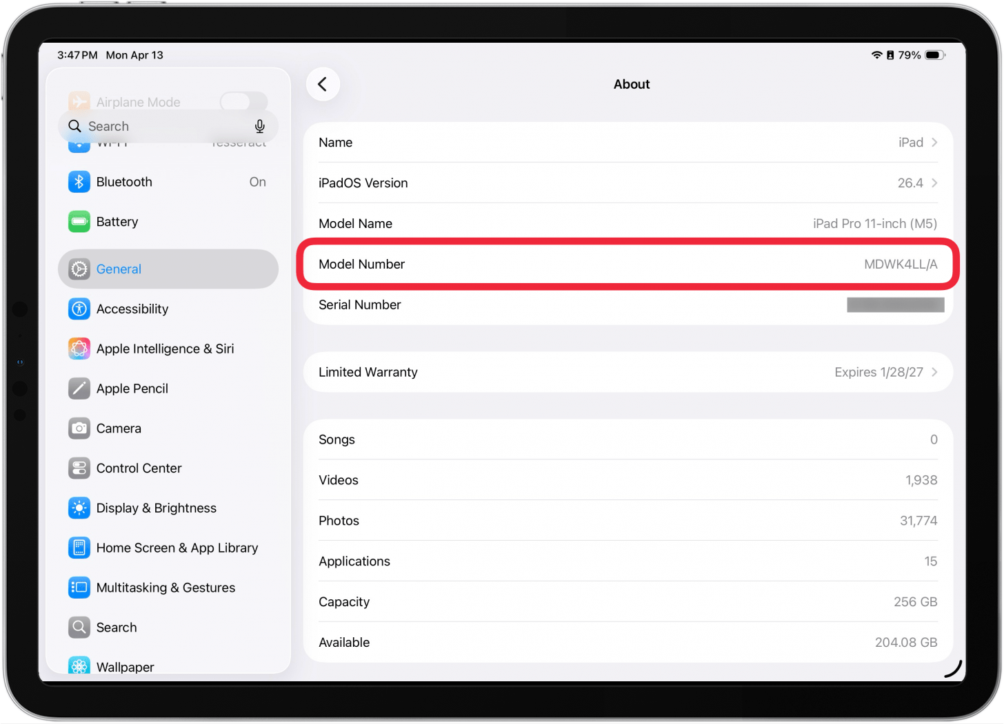 a screenshot of ipad settings with a red box around the model number