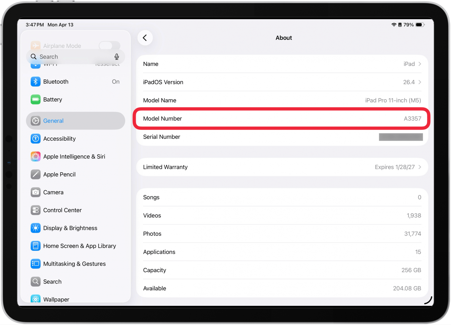a screenshot of ipad settings with a red box around the model number
