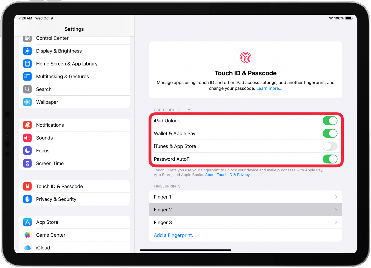 ipad touch id settings with a red box around "use touch id for" section, with the toggle for itunes & app store turned off