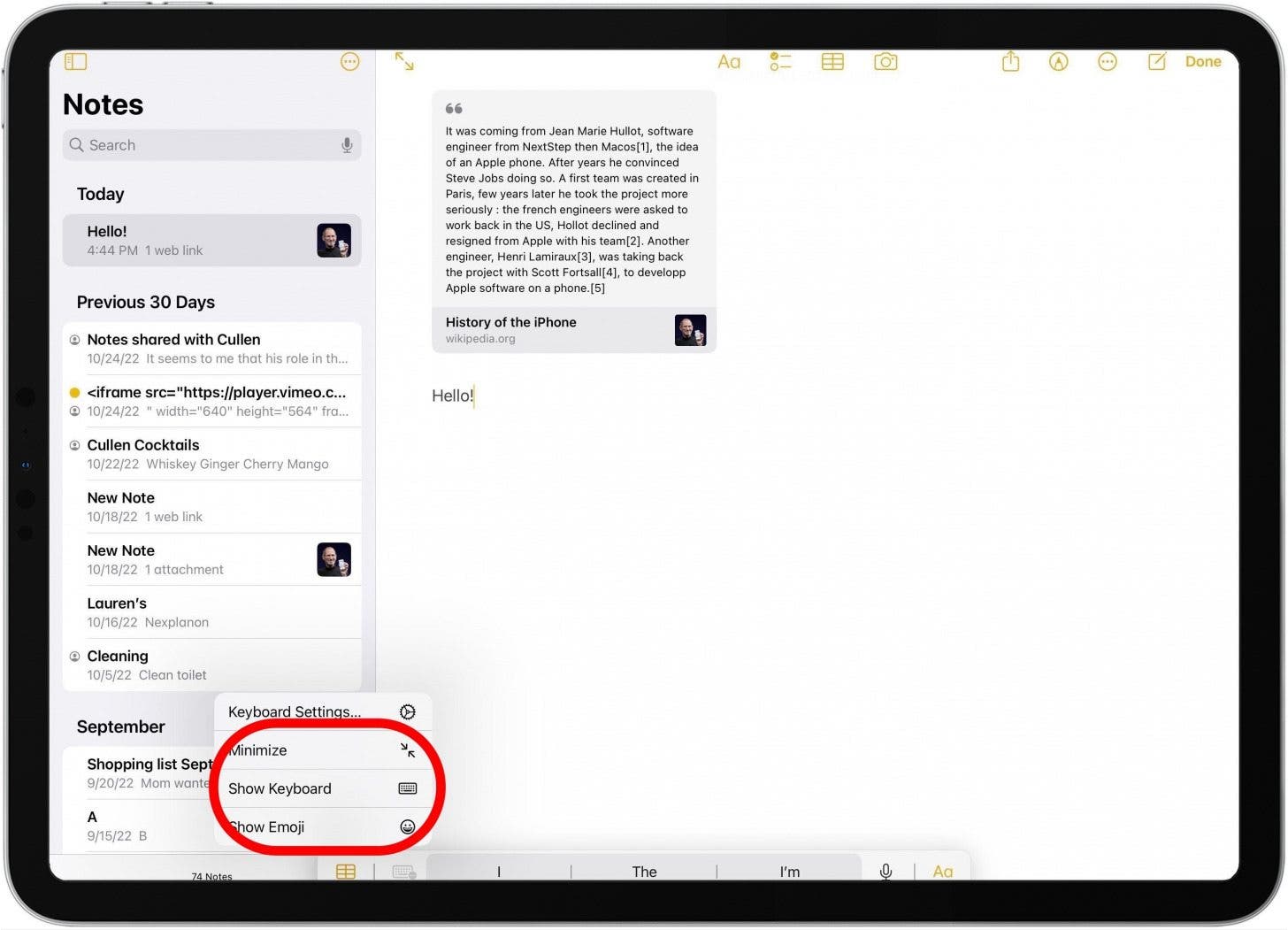 tap show keyboard to switch to onscreen keyboard on ipad