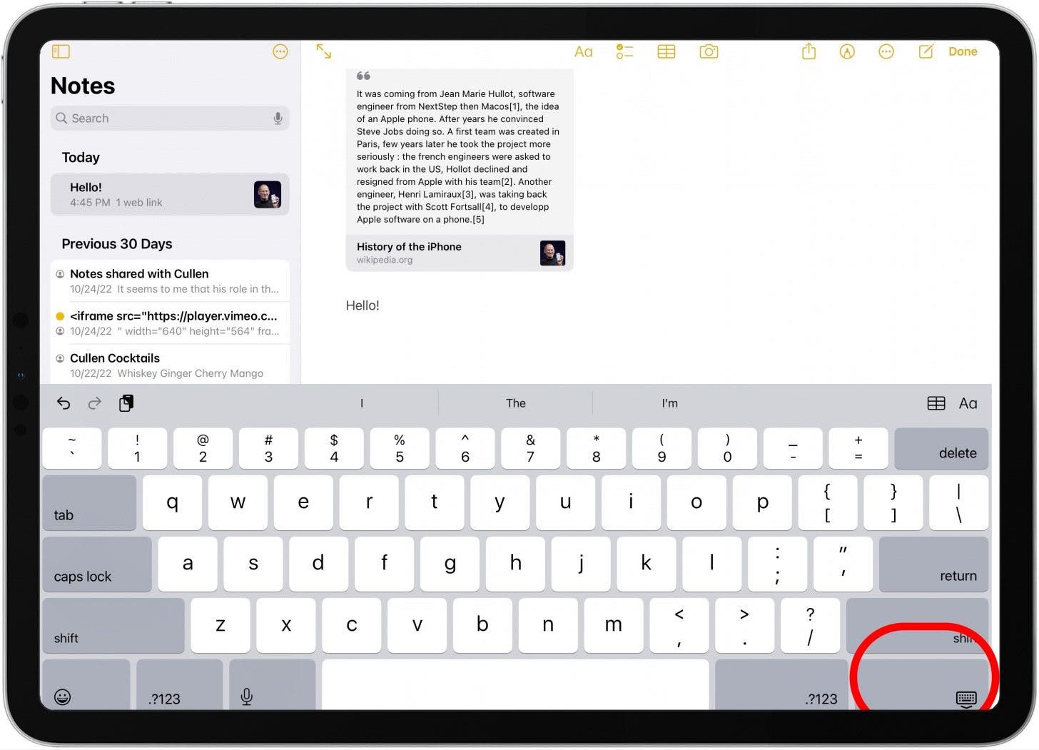tap the keyboard icon to switch from touchscreen to keyboard on ipad