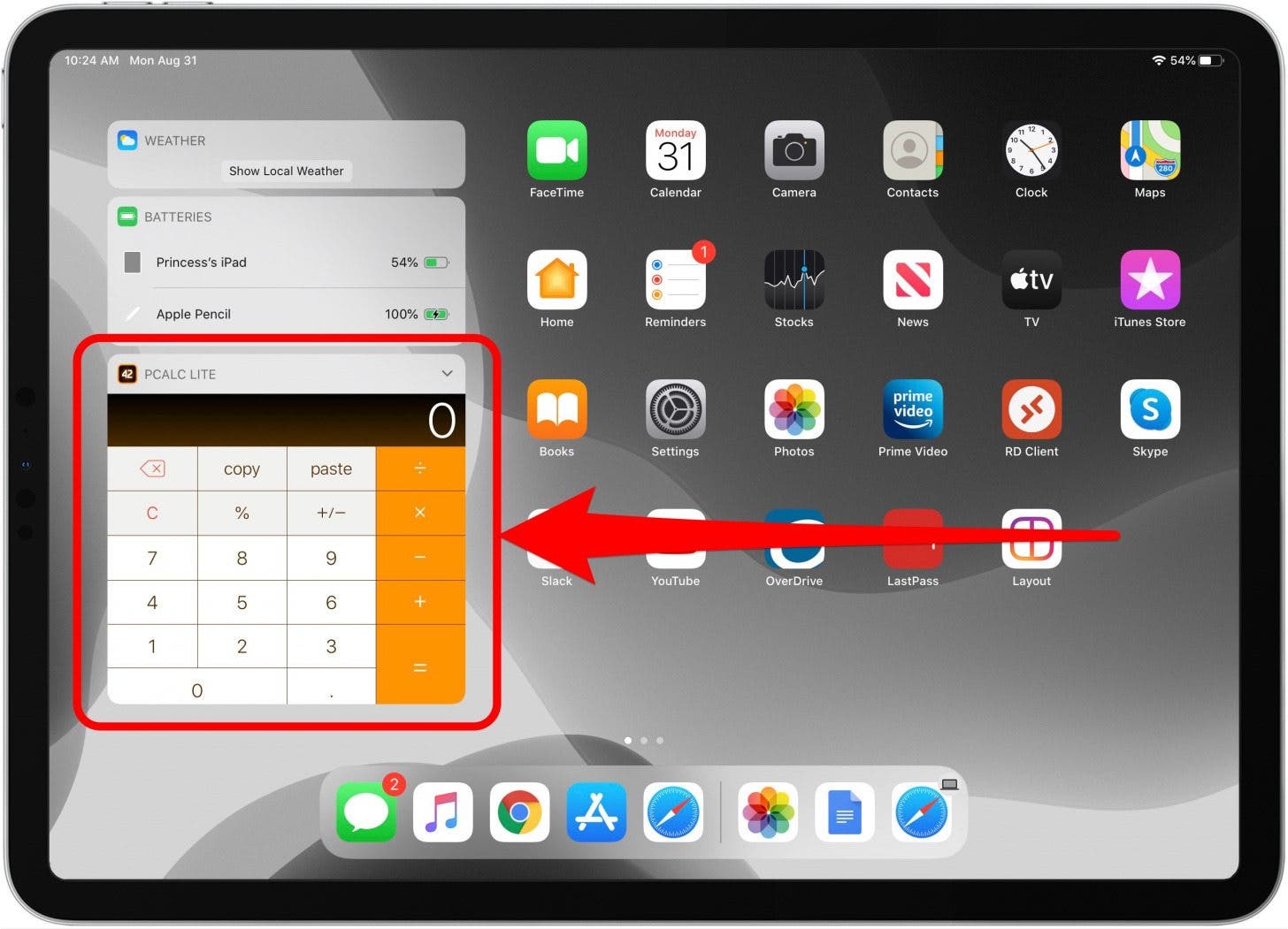 iPad Calculator: PCalc calculator widget visible in the iPad Today View