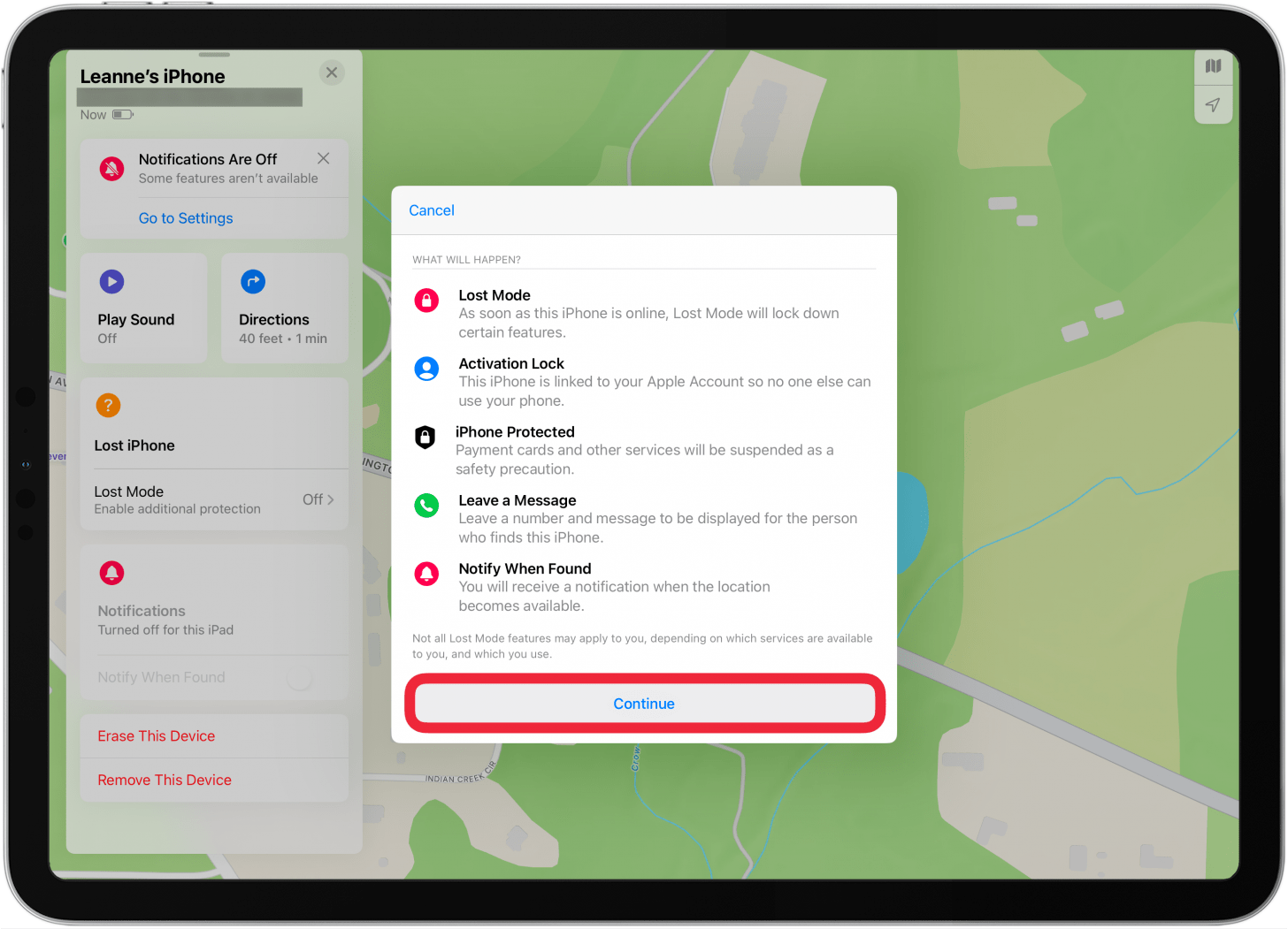 tap continue to confirm you want to turn on lost mode on iphone or ipad