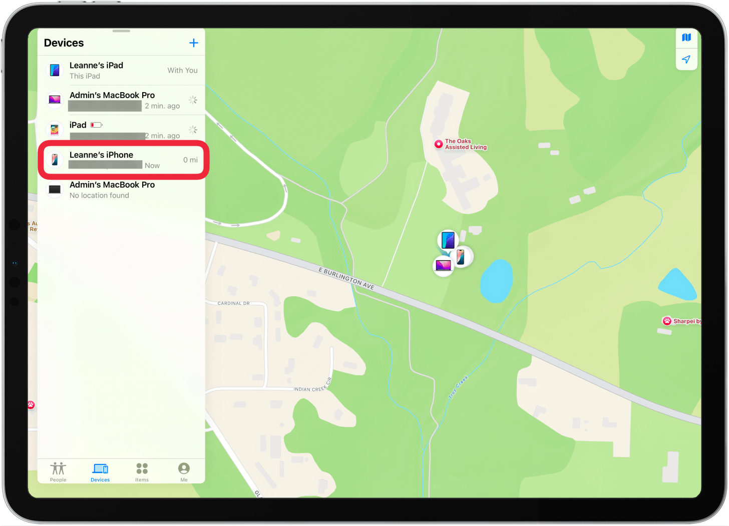 tap lost iphone in find my devices list