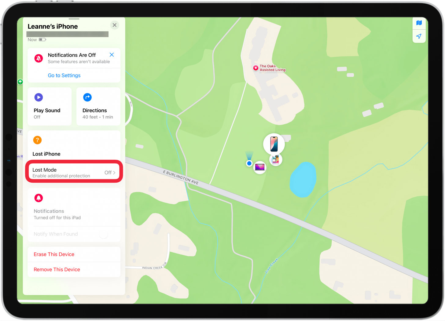 tap lost mode in find my