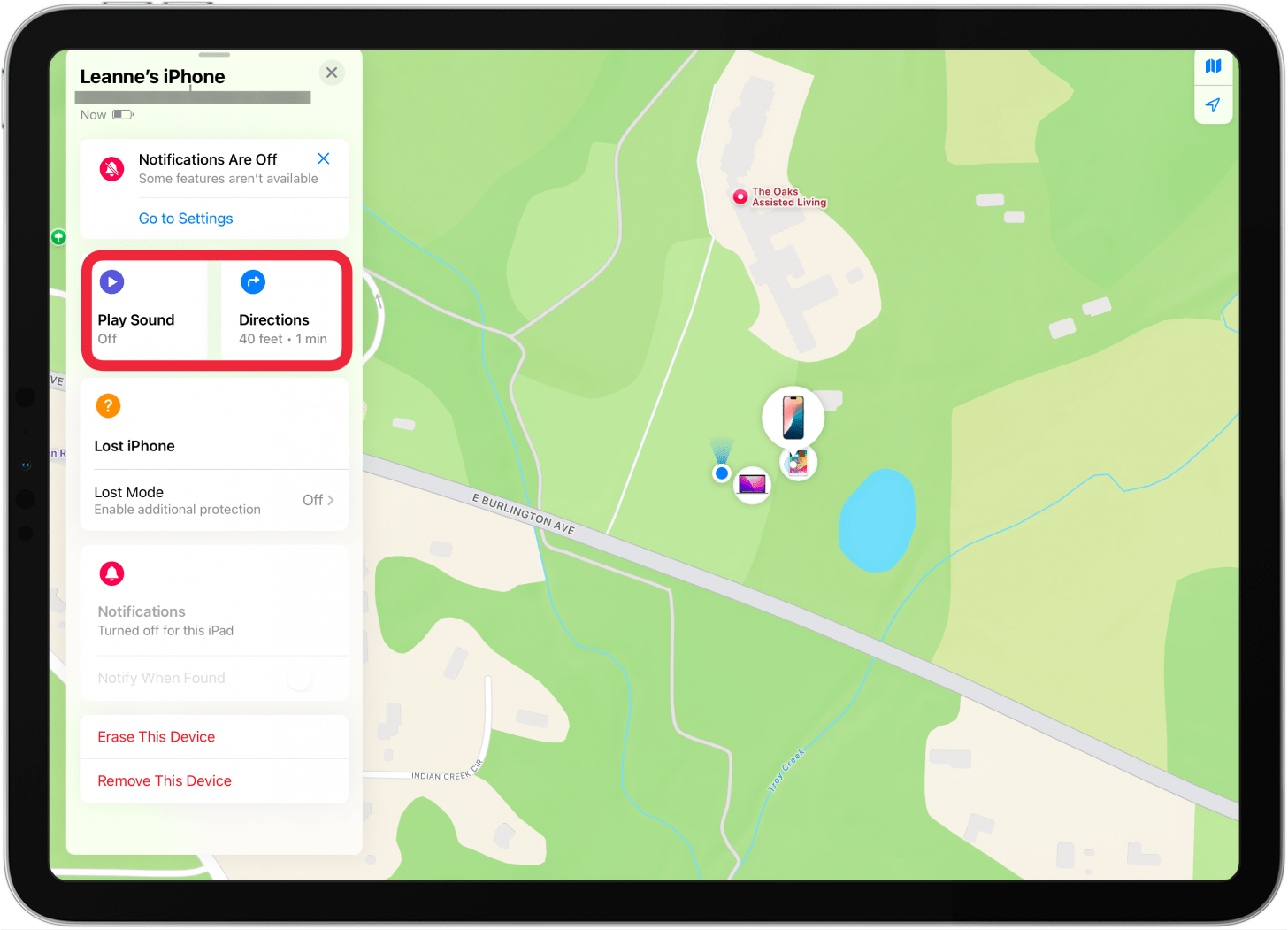 tap play sound or directions in find my settings