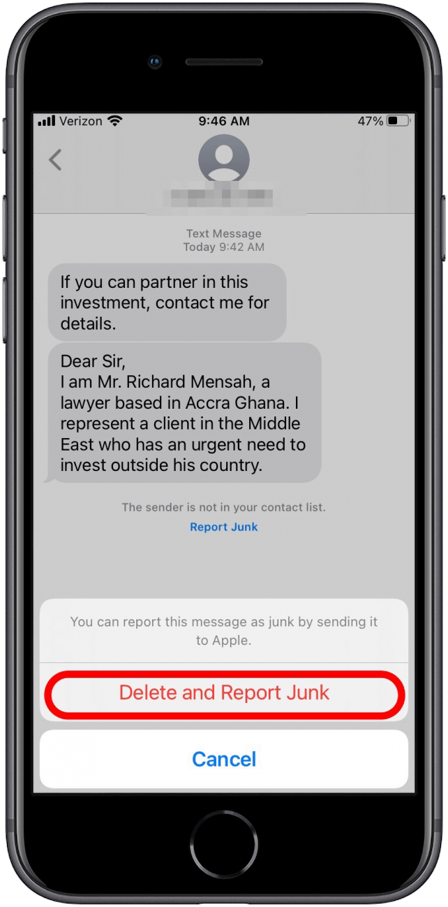 Delete and report spam text message