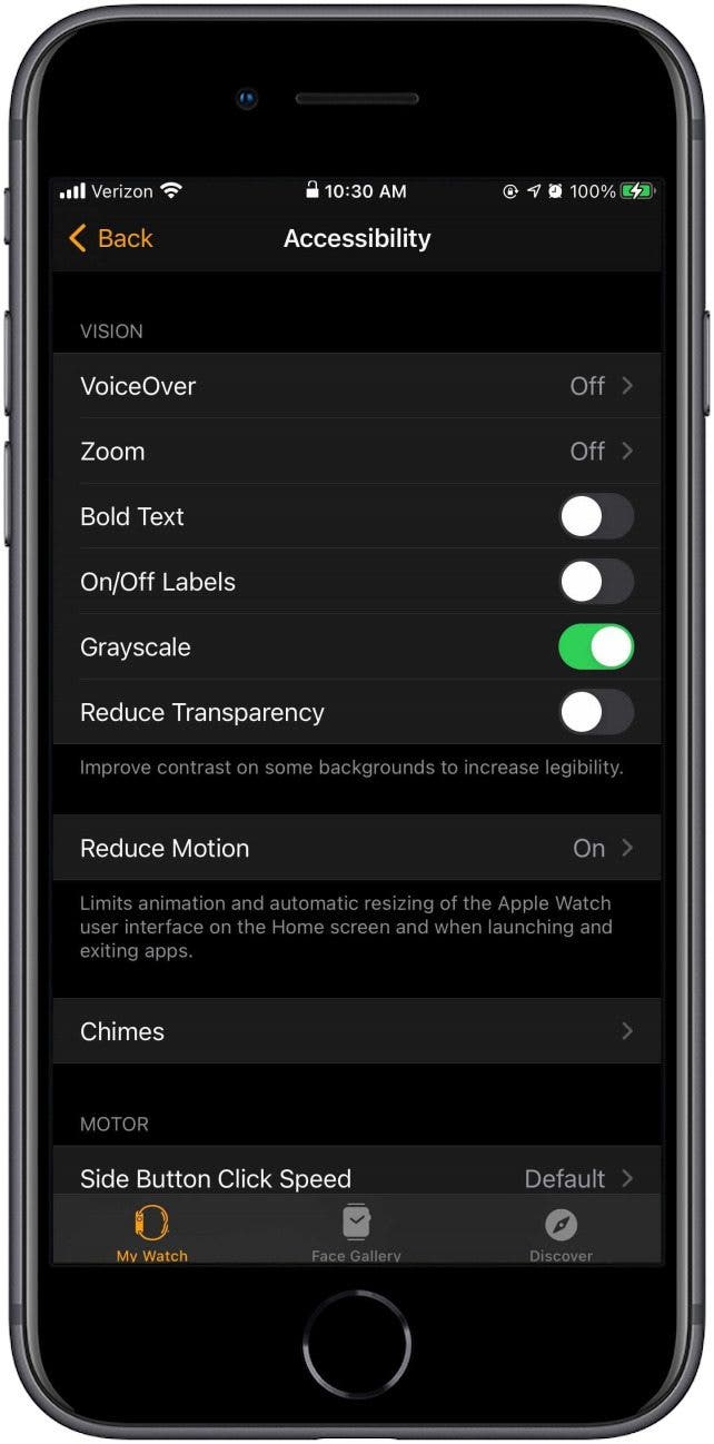 Grayscale is on when the toggle is green
