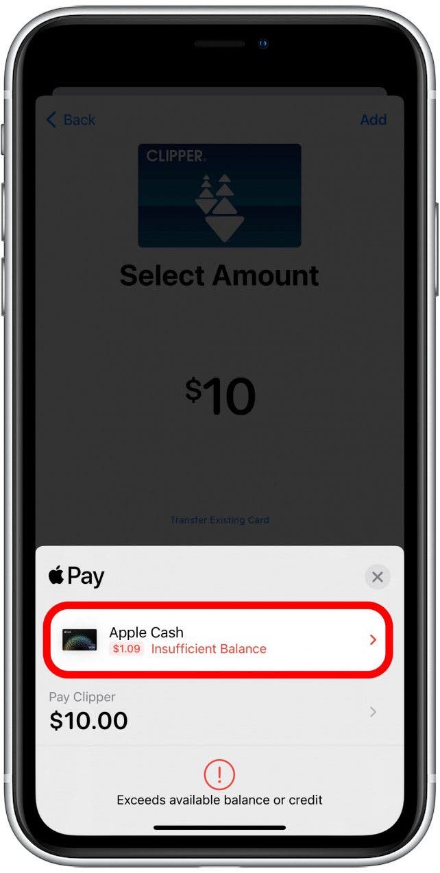 By default, you’ll be able to use your most recently used payment method to top your Transit Card off. If you tap on it, you'll be able to select another option.