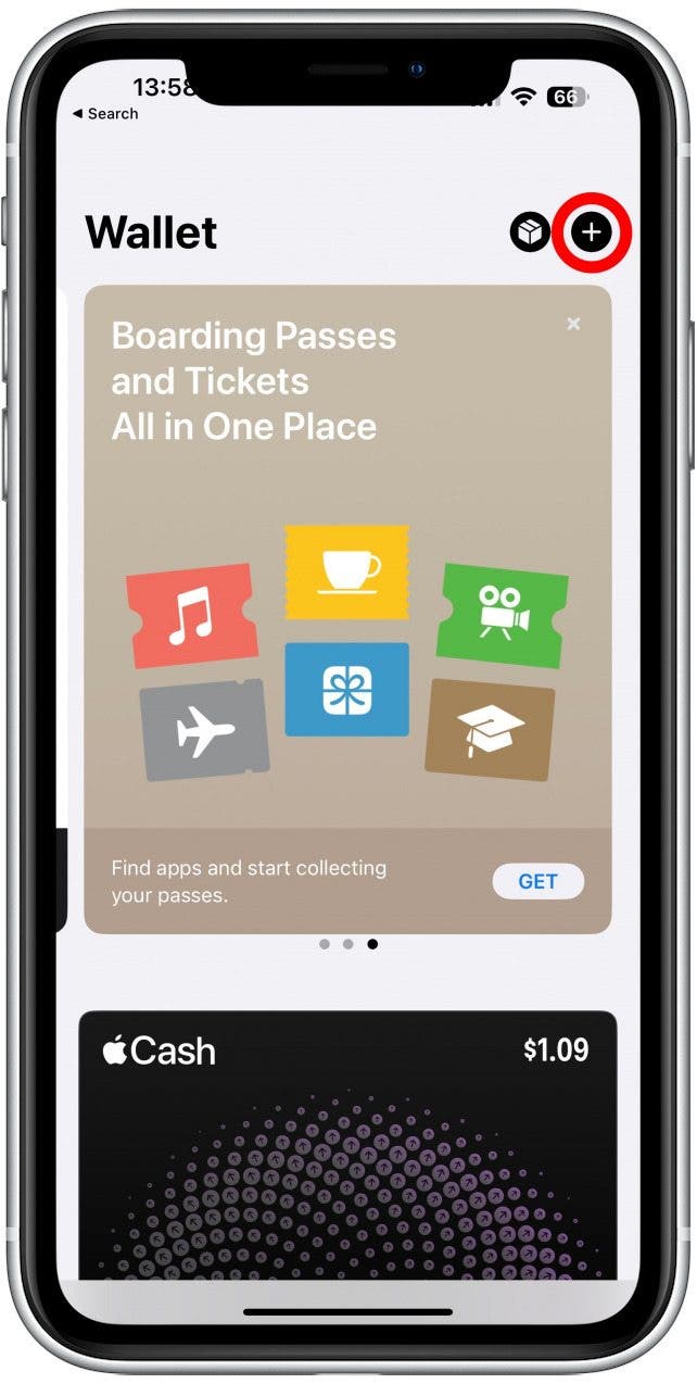 Tap the plus icon to see the various types of cards that you can add.