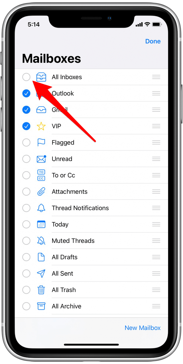 Tap on circle next to All Inboxes to add it back to your Mail