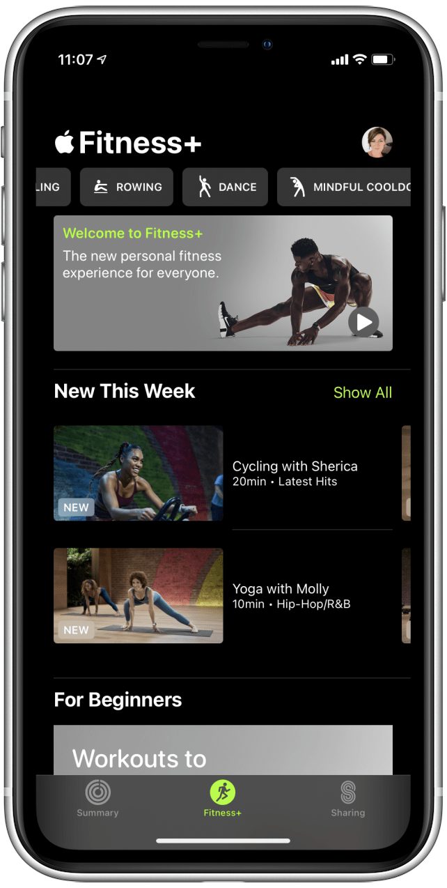 Apple Fitness Plus home screen
